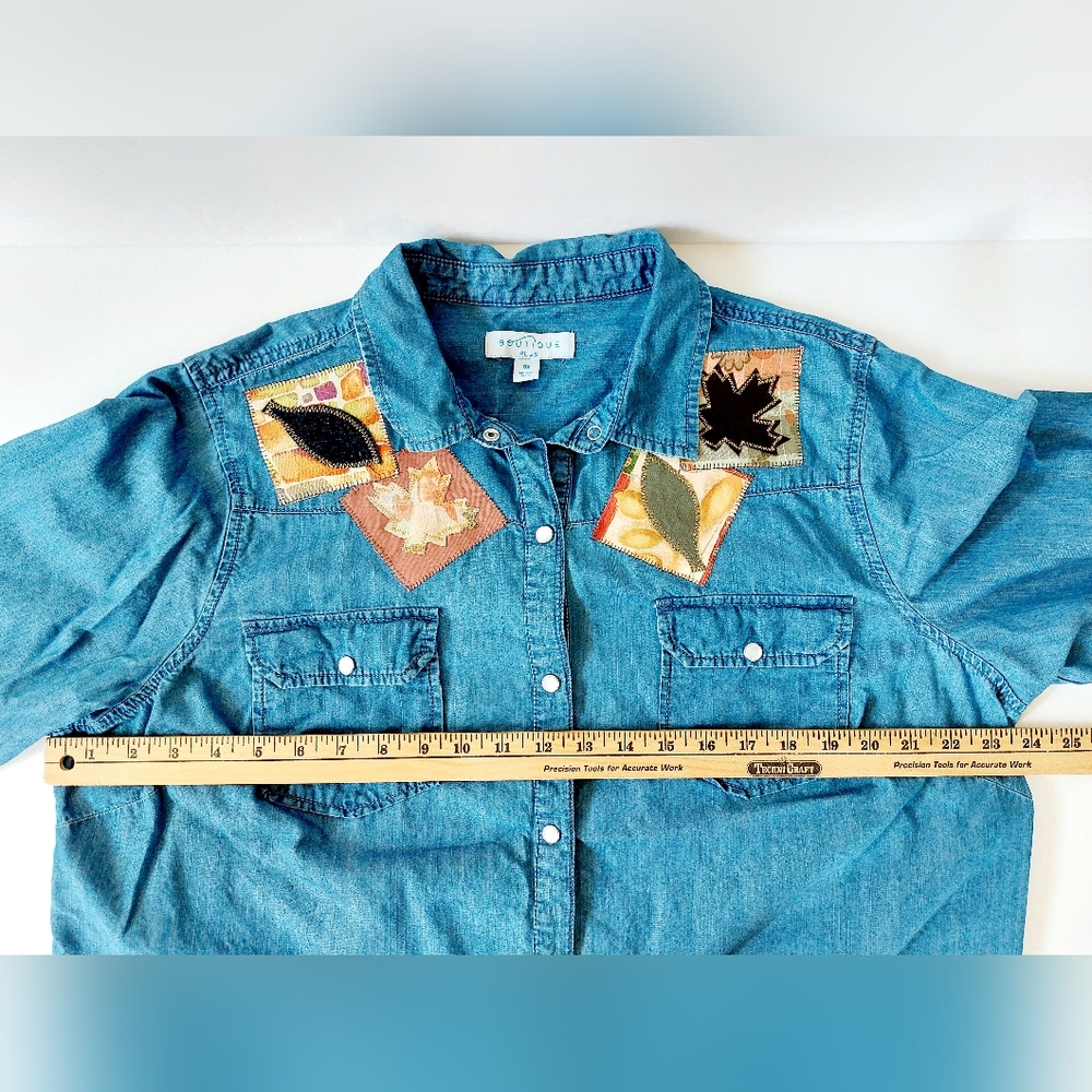 Autumn Leaf Patchwork Chambray‎ Denim Western Sna… - image 5